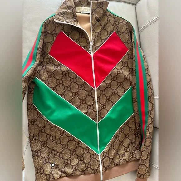 Gucci Brown GG Logo Jacket with Red and Green Stripes